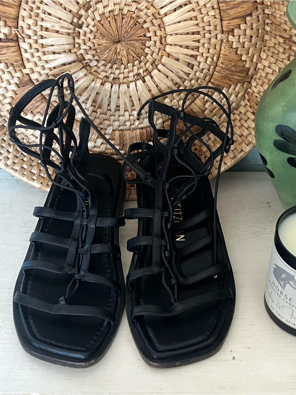 Stuart Weitzman Black Leather Lace-Up Gladiator Sandals Size 7.5